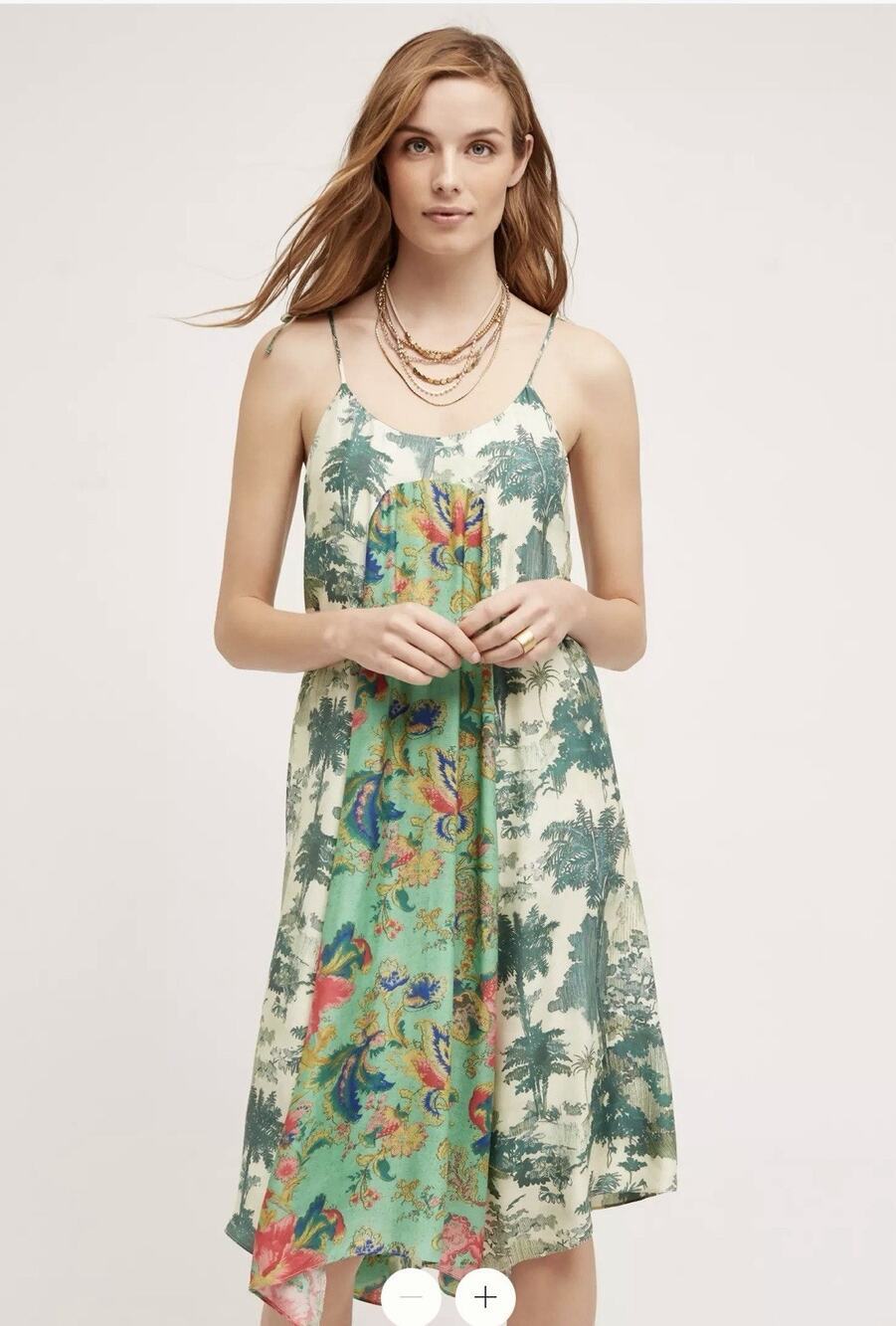 Maeve Santee Dress Anthropologie M Green Motif Floral Halter Boho Panel Swing